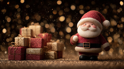 ‌Santa Claus Standing on Gifts with Dark Golden Background, Shimmering Christmas Design for Holiday Promotion‌
