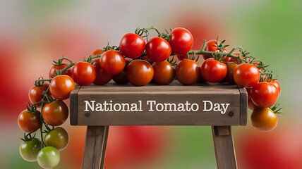 Fresh tomatoes displayed on a wooden stand with 'National Tomato Day' text