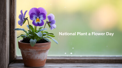 Potted purple pansies on a windowsill celebrating National Plant a Flower Day
