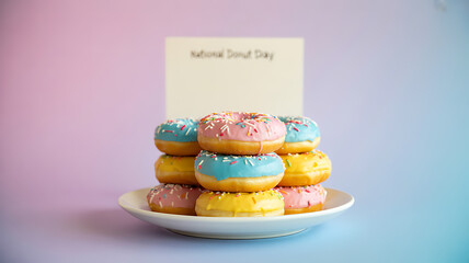 Colorful donuts stacked on a plate with a National Donut Day sign in the background