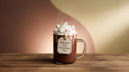 A steaming mug of hot chocolate topped with marshmallows and a tag reading 'National Hot Chocolate Day' on a wooden surface.