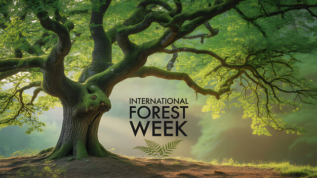 A majestic ancient tree in a lush forest with sunlight filtering through the canopy, promoting International Forest Week.