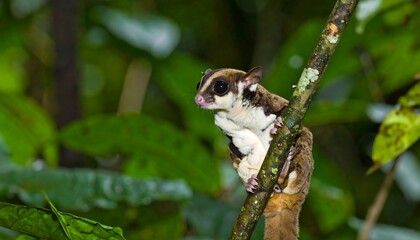 Obraz premium Small nocturnal mammal clinging to branch in lush green foliage