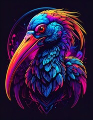 Vibrant stylized portrait of a bird, with a long beak and iridescent plumage