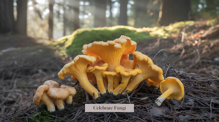 Vibrant orange fungi growing on forest floor amidst moss and fallen leaves in a sunlit woodland setting