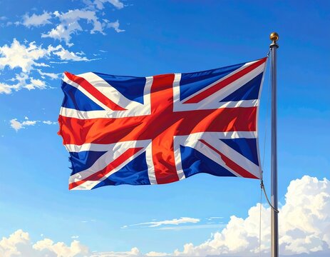 United Kingdom Flag Majestically Waving in the Sky