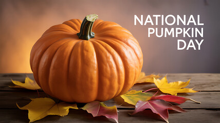A ripe orange pumpkin sits on a wooden surface surrounded by autumn leaves, celebrating National Pumpkin Day.