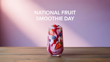 A fruit smoothie with strawberries and blueberries in a glass, displayed on a wooden surface with 'National Fruit Smoothie Day' text in the background.