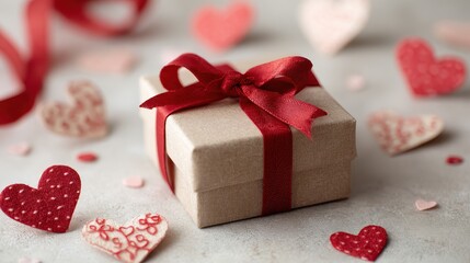Romantic Valentine's Gift: A Carefully Wrapped Present with a Red Ribbon and Heart Pattern, Symbolizing Love and Affection.