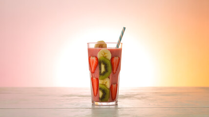 A glass of pink smoothie with sliced strawberries, kiwi, and banana, garnished with a straw, set against a soft gradient background.