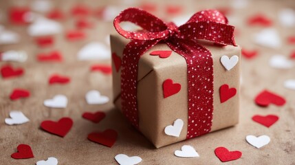 Romantic Valentine's Gift: A Carefully Wrapped Present with a Red Ribbon and Heart Pattern, Symbolizing Love and Affection.