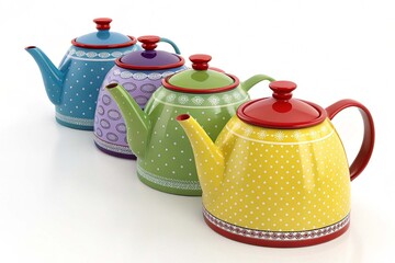 A nice collection of colorful teapots with a red lid on white background