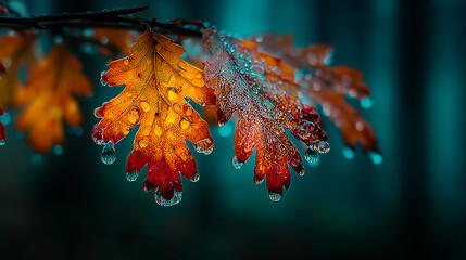Golden and orange autumn leaves background with copy space, sunlight reflecting on raindrops with bokeh effect and flare on green background
