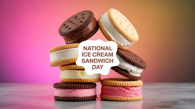 Stack of ice cream sandwiches with text celebrating National Ice Cream Sandwich Day