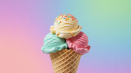 Colorful ice cream cone with three scoops of vanilla, mint, and strawberry flavors topped with sprinkles against a gradient background