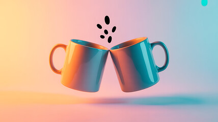Two colorful mugs colliding mid-air with coffee splashing, set against a gradient background