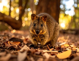 A quokka looks directly at the camera, surrounded by fallen autumn leaves in a sun-dappled forest