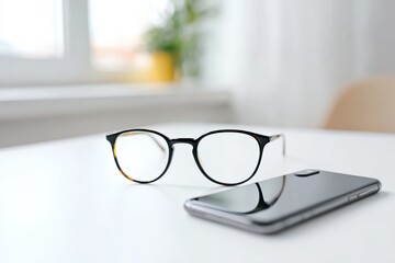 Stylish Black Eyeglasses Next to Modern Smartphone on White Table