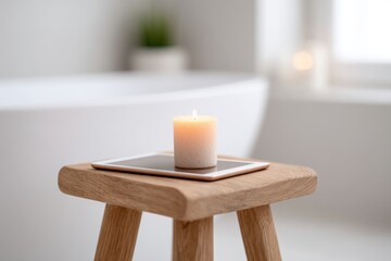 Serenity in a Modern Bathroom with Candle and Tablet on Stool
