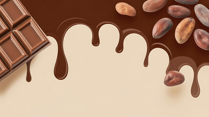 Chocolate bar and cocoa beans with melted chocolate drizzle on a neutral background