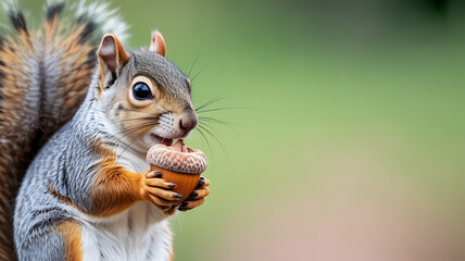 A squirrel holding and eating an acorn in a natural outdoor setting