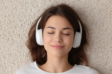 Young Woman Enjoying Music with Headphones on a Soft Carpeted Floor