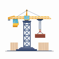 Industrial tower crane lifting wooden planks at a construction site, with additional wooden crates on the ground.
