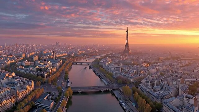 Aerial view of paris france eiffel tower at sunrise scenic cityscape tourism on transparent background