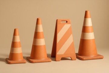 Construction Traffic Cones and Sign on Neutral Background