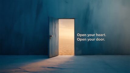 A partially open door reveals a bright, serene landscape beyond a dark interior wall.