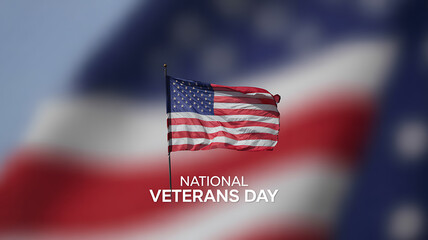 American flag waving in the wind with 'National Veterans Day' text overlay against a blurred patriotic background
