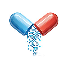 An open pharmaceutical capsule with blue and red halves spilling digital blue pixels, symbolizing data or digital medicine.