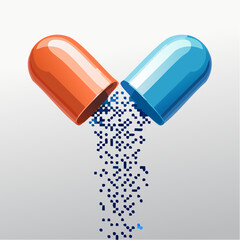 An open medical capsule, split into two halves, spilling out digital pixelated data particles.
