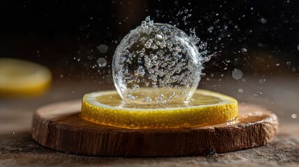 Fresh Lemon Splash: A Slice of Lemon in a Water Bubble or Splash with Vibrant Blue Background, Symbolizing Freshness and Purity.