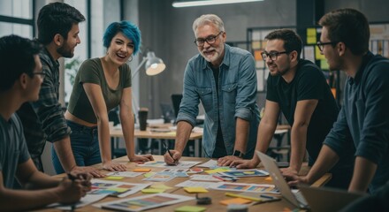 Creative team brainstorming session modern office group discussion collaborative environment engaging viewpoint innovation concepts