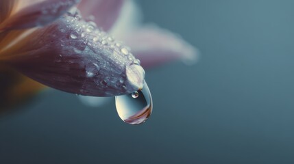 Macro Water Reflection: Glistening Droplets on a Pink Petal Reflecting a Tiny City Skyline, Blending Nature and Urban Life. 