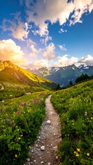 Sunlit mountain path winds through vibrant wildflowers, leading towards majestic peaks under a partly cloudy sky