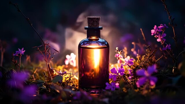 Mystical potion bottle illuminated in enchanting forest glade, surrounded by wild blossoms
