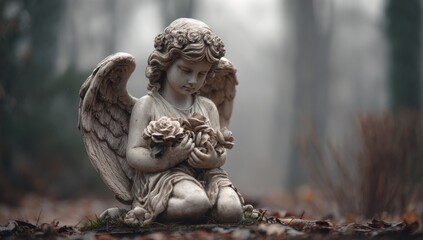 Fototapeta premium Serene Angel Statue in Misty Forest with Flowers and Textural Elements