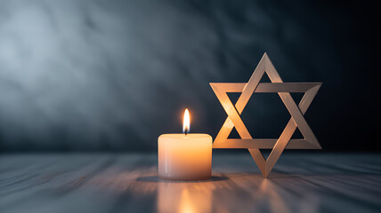 A lit candle beside a wooden Star of David on a dark background