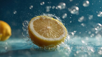 Fresh Lemon Splash: A Slice of Lemon in a Water Bubble or Splash with Vibrant Blue Background, Symbolizing Freshness and Purity.