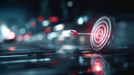 Achieving Success Arrow Hitting Bullseye Target on Futuristic Surface with City Lights Background