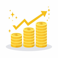 Growing stacks of gold coins with an upward trending arrow, symbolizing financial growth and success.