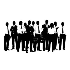 Silhouettes of a diverse group of business professionals, including men and women, standing together in formal attire, representing a corporate team.