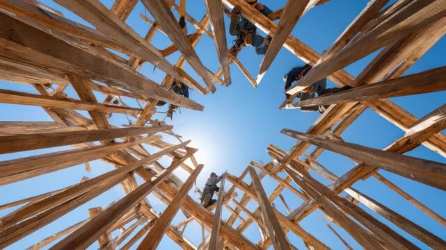 Construction Frame: A unique perspective on a construction frame, with workers silhouetted against a brilliant blue sky, emphasizing teamwork and building.