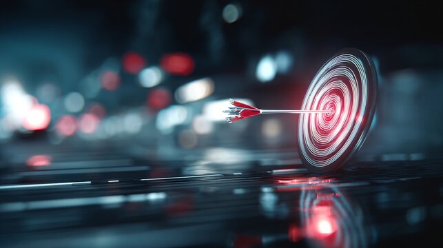 Achieving Success Arrow Hitting Bullseye Target on Futuristic Surface with City Lights Background