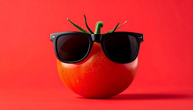 Cool tomato wearing sunglasses on red background