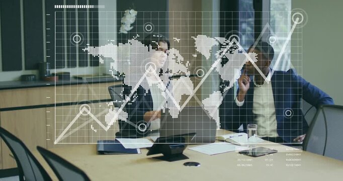 Woman tapping laptop and explaining business data to analyze while map overlay animating markers - Powered by Adobe