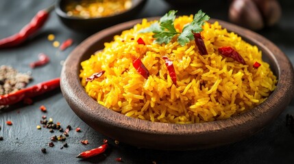 Vibrant Yellow Curry Rice: Close-up of Delicious Asian Dish Garnished with Fresh Herbs and Red Chili, Served in a Wooden Bowl.