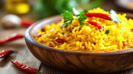 Vibrant Yellow Curry Rice: Close-up of Delicious Asian Dish Garnished with Fresh Herbs and Red Chili, Served in a Wooden Bowl.